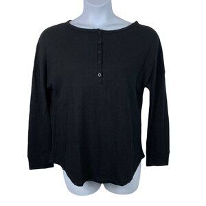 Famulily Sz Medium Waffle Knit Top Black Long Sleeve Tee Button Neckline Shirt